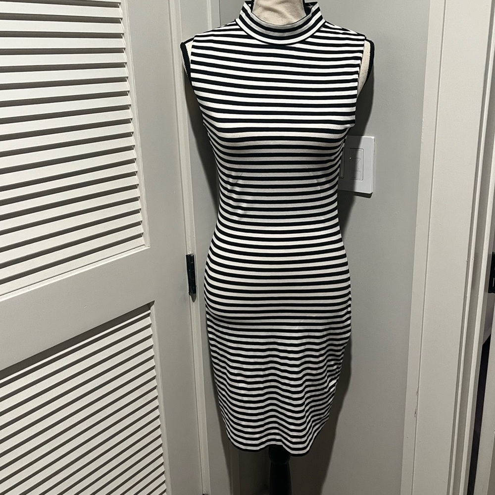 French Connection Black & White Striped Sleeveless Midi Dress